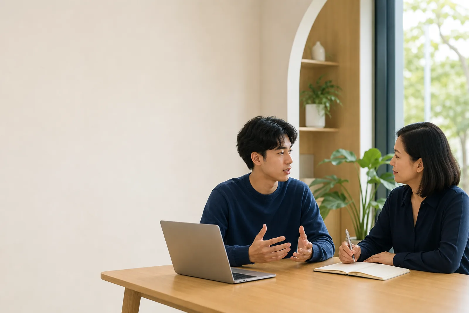 Hai người trao đổi bên máy tính và sổ ghi chép trong một phòng sáng