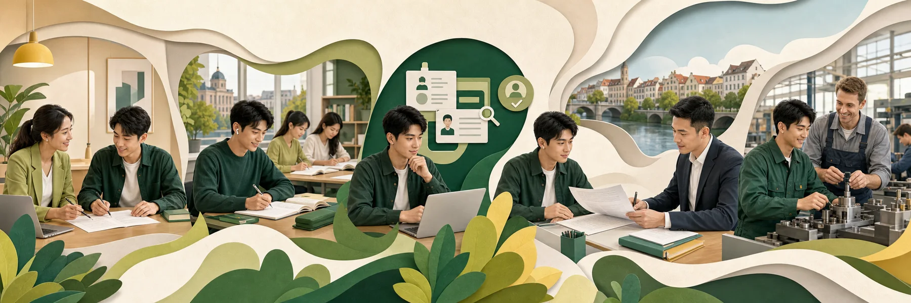 Ứng viên được đồng hành qua định hướng nghề, học tiếng, kiểm tra cơ hội, chuẩn bị hồ sơ và bắt đầu học nghề