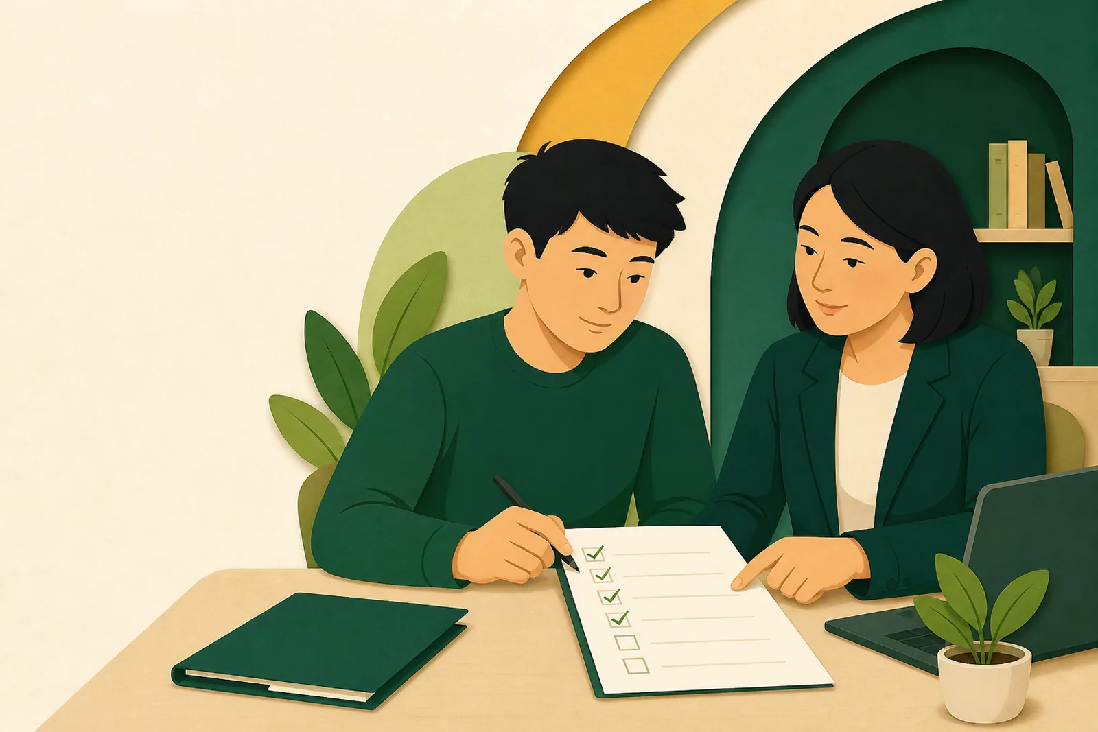 Hai người cùng xem một bảng kiểm bên bàn làm việc