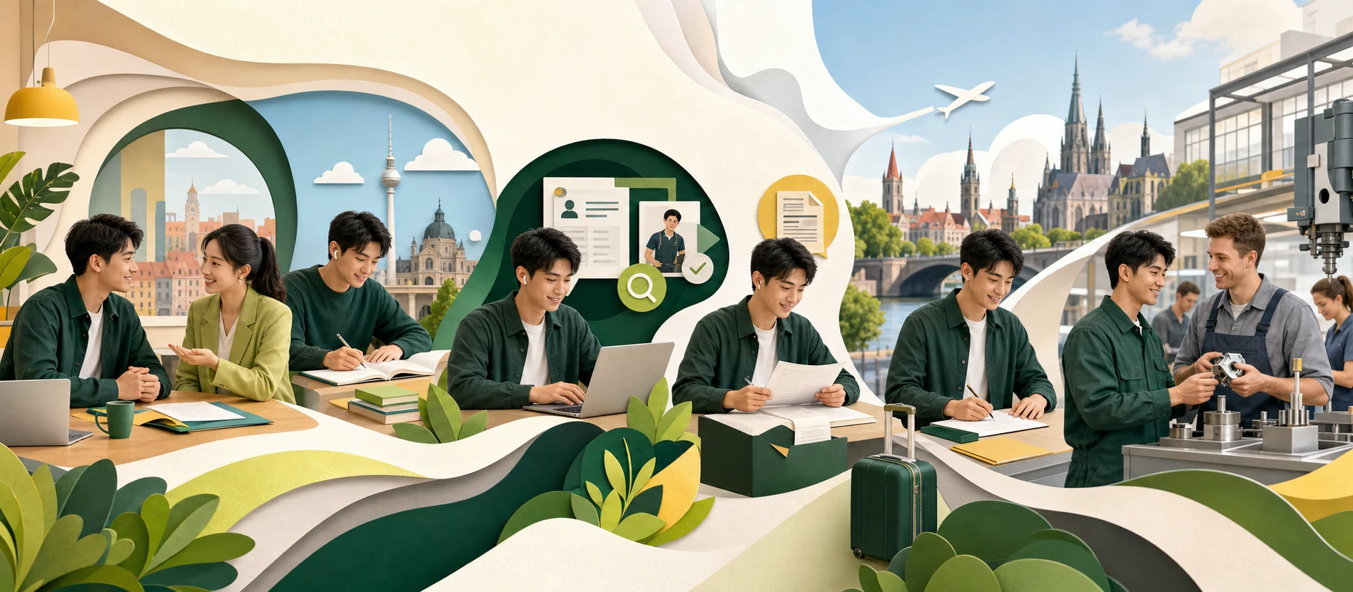 Chuỗi cảnh một người lần lượt trao đổi, học tập, chuẩn bị giấy tờ, di chuyển và làm việc